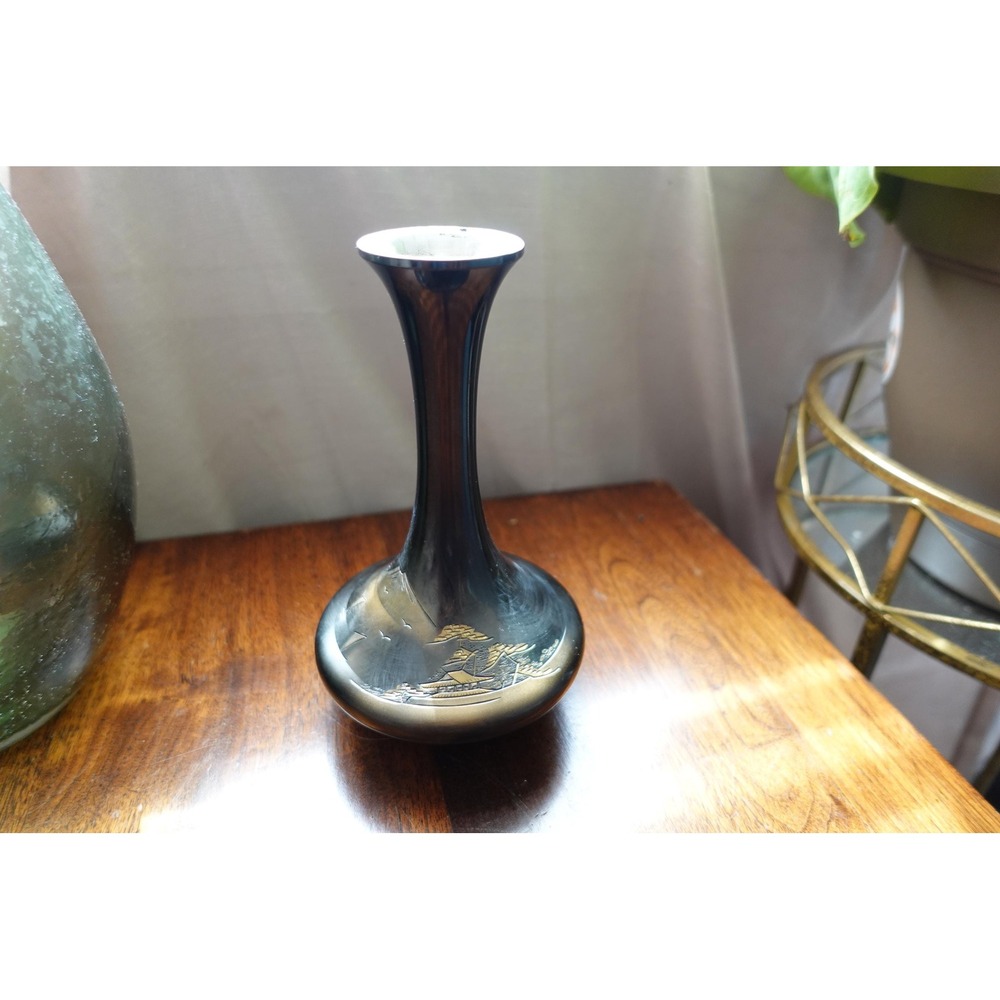 Vintage Japanese Bud Vase Silver Black Mountain Scene‎ Home Decor Display